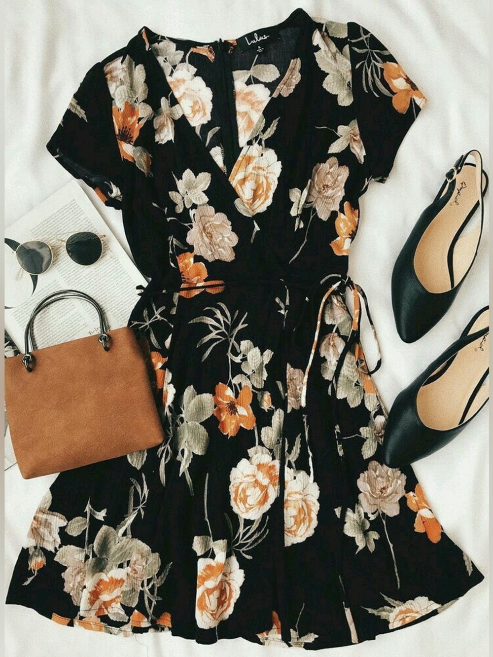 Lulu's Black Floral Mini Dress with Cream & Orange Blooms